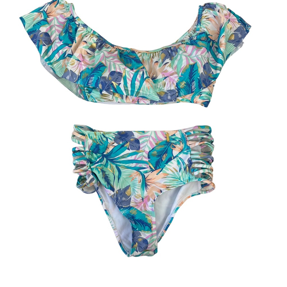 Stylish Women's Two Piece Swimsuit Set Ruffled Crop Cut Out Bottoms L